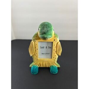 Picture Frame Green Yellow Wood Carved Fish Land & Sea Nautical Collectible Sm